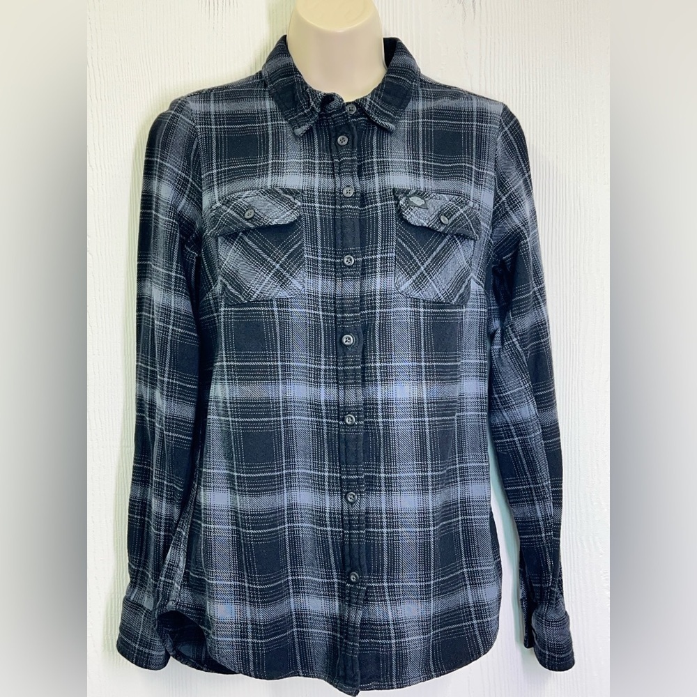 Harley Davidson - Plaid Black Blue Button Down Long Sleeve Flannel Blouse SZ XS